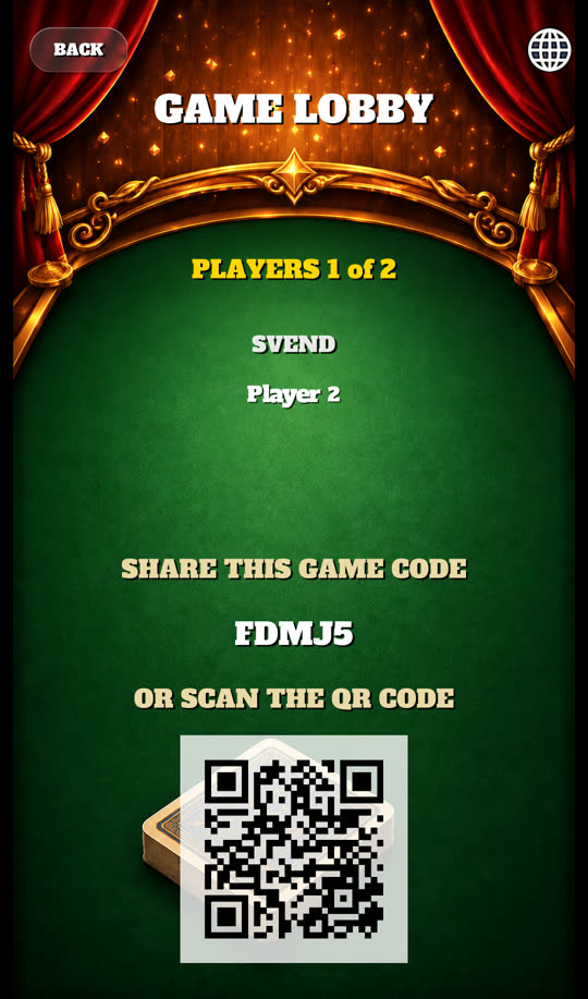 The game lobby with a room code and QR code